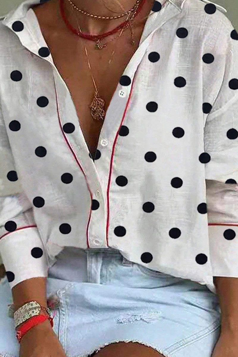 Poppy Dot Contrast-Trim Button-Up Blouse