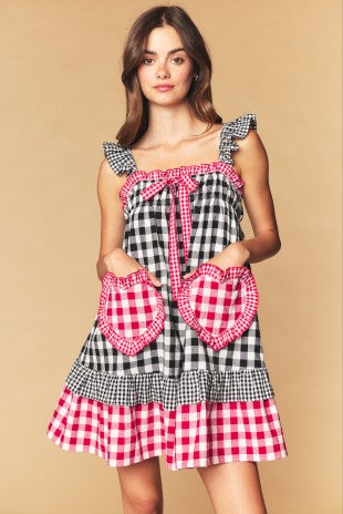 Red & Black Gingham Heart Pocket Babydoll Dress
