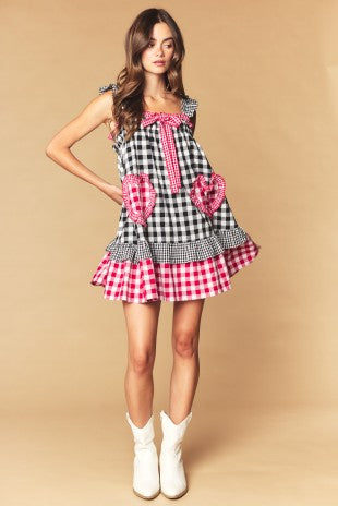 Red & Black Gingham Heart Pocket Babydoll Dress