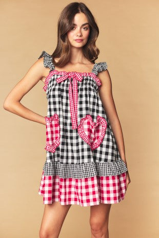 Red & Black Gingham Heart Pocket Babydoll Dress