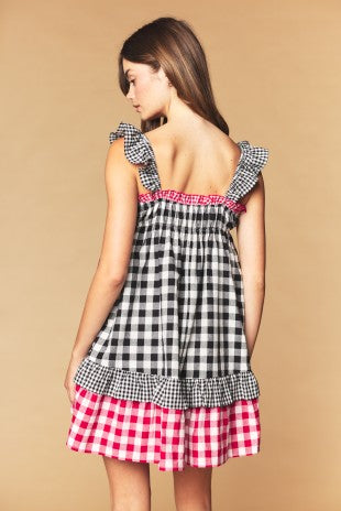 Red & Black Gingham Heart Pocket Babydoll Dress