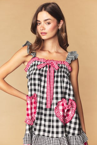Red & Black Gingham Heart Pocket Babydoll Dress
