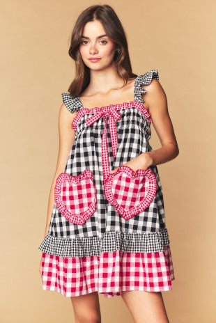Red & Black Gingham Heart Pocket Babydoll Dress