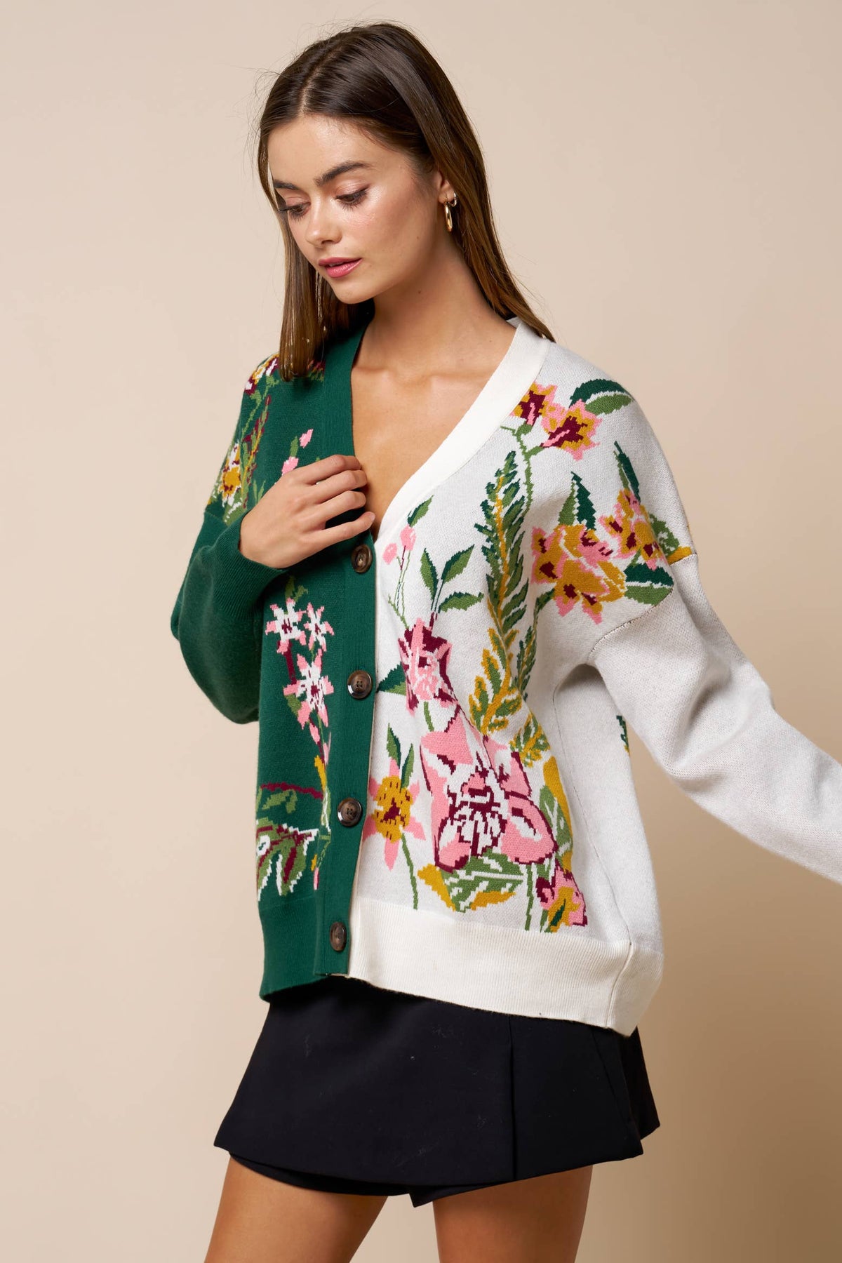Willow Forest Green & White Floral Color Block Cardigan