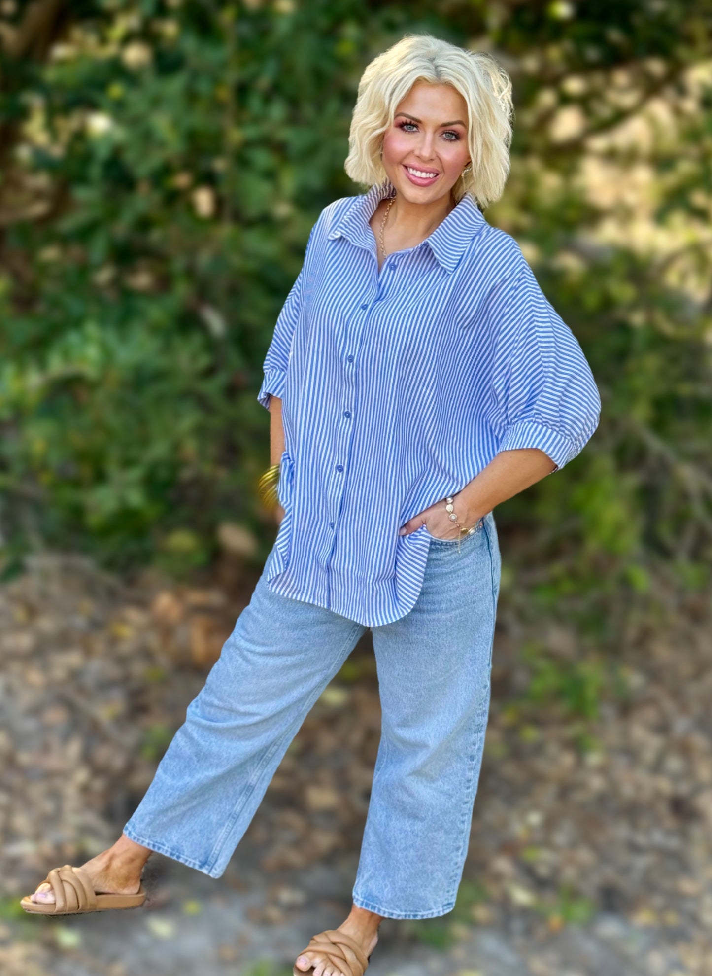 Spring Stripe Society Top: Sailor Blue Relaxed Striped Button-Down Shirt