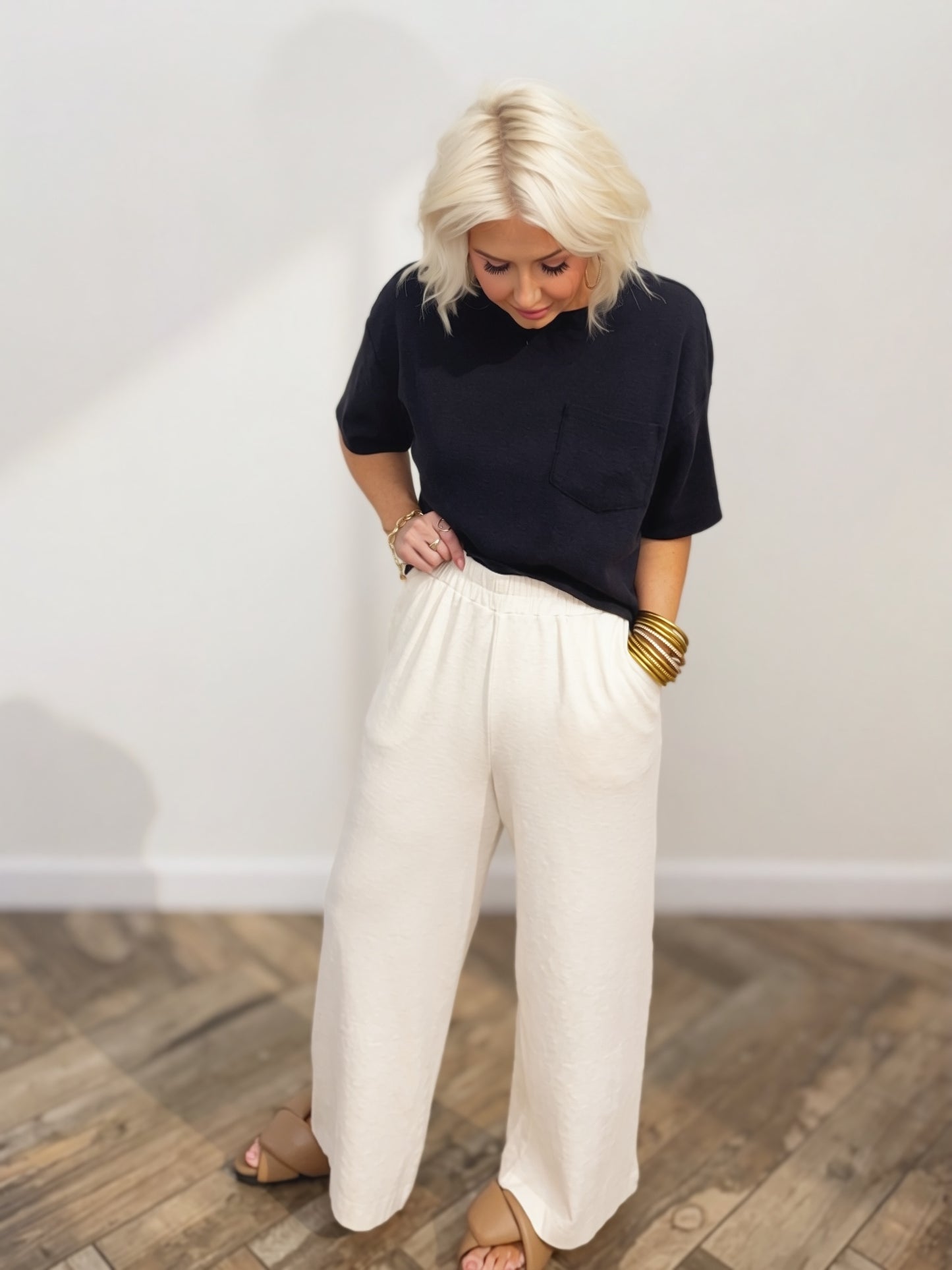 Cream Wide-Leg Lounge Pants | Elastic Waist Relaxed Fit Pants