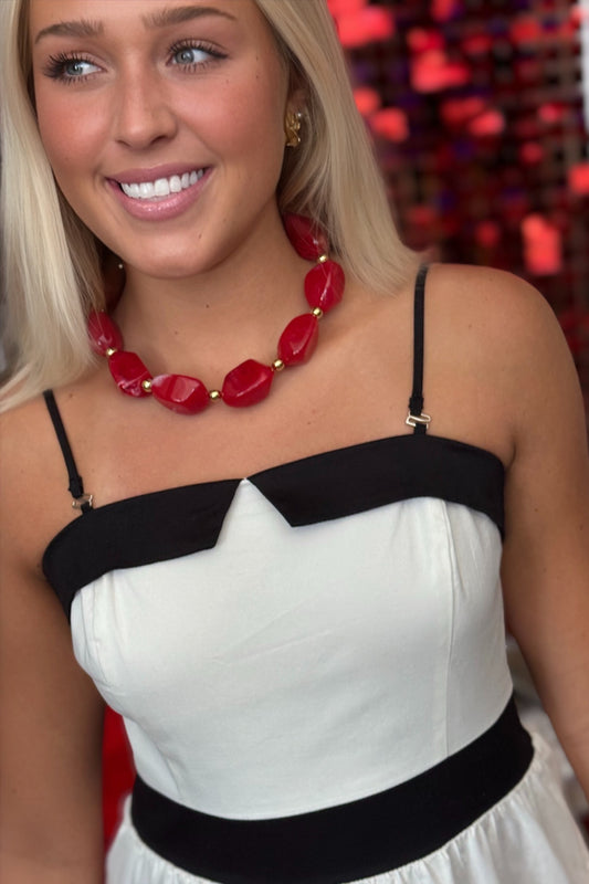 She's Spicy: Red Marble Pebble & Gold Ball Statement Necklace