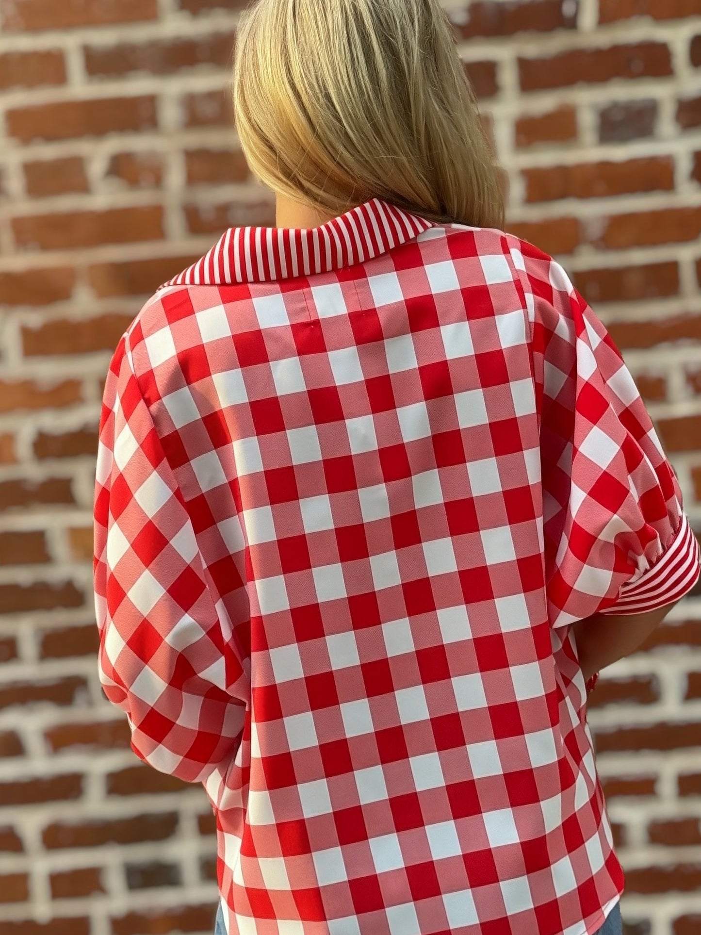 Rally Ready Red Gingham Contrast Stripe Button-Up Blouse