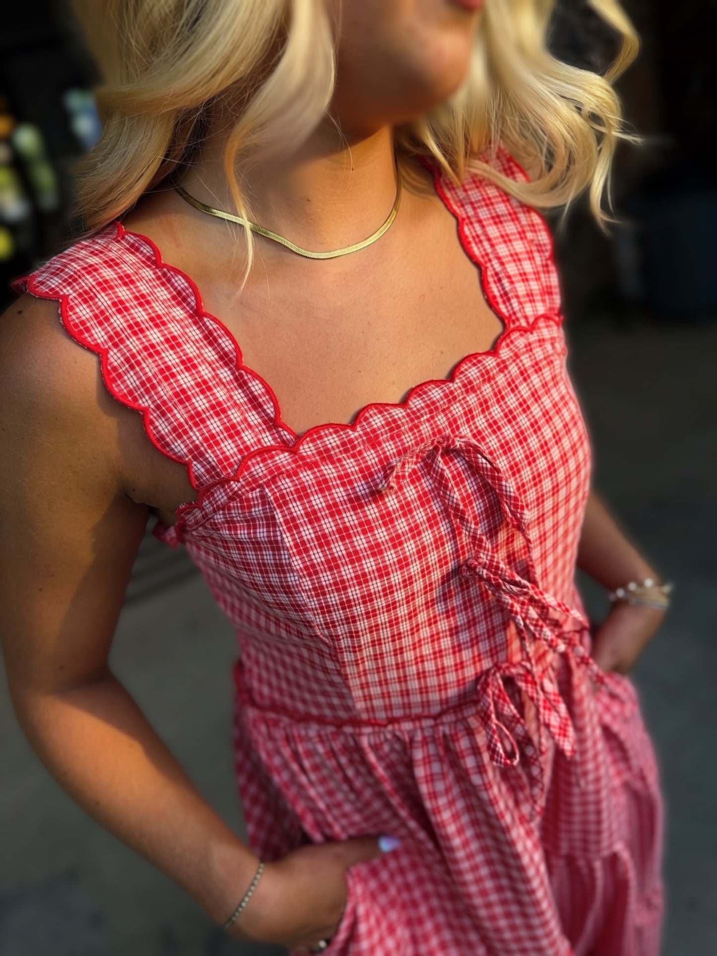 Red Gingham Tiered Midi Dress | Scalloped Strap Smocked Summer Dress