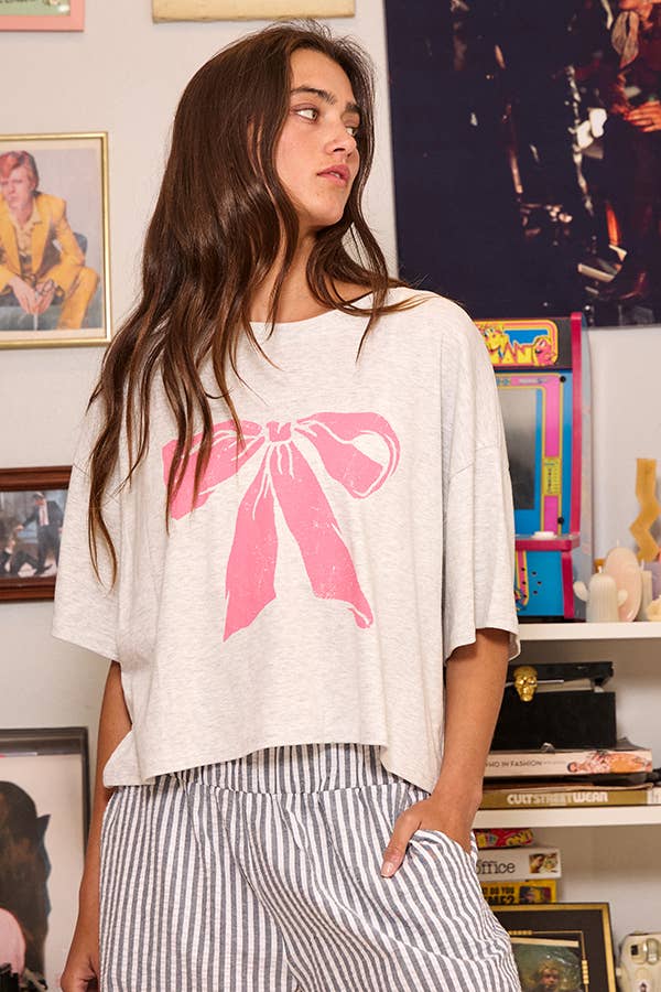 Coquette Rose Pink Bow Graphic Oversized Boxy Cropped Top