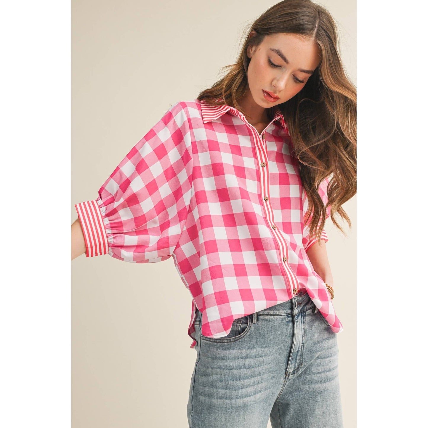 Romantic Gingham Check Pattern Elegant Blouse: RED / S-M-L-XL(2-2-2-1)