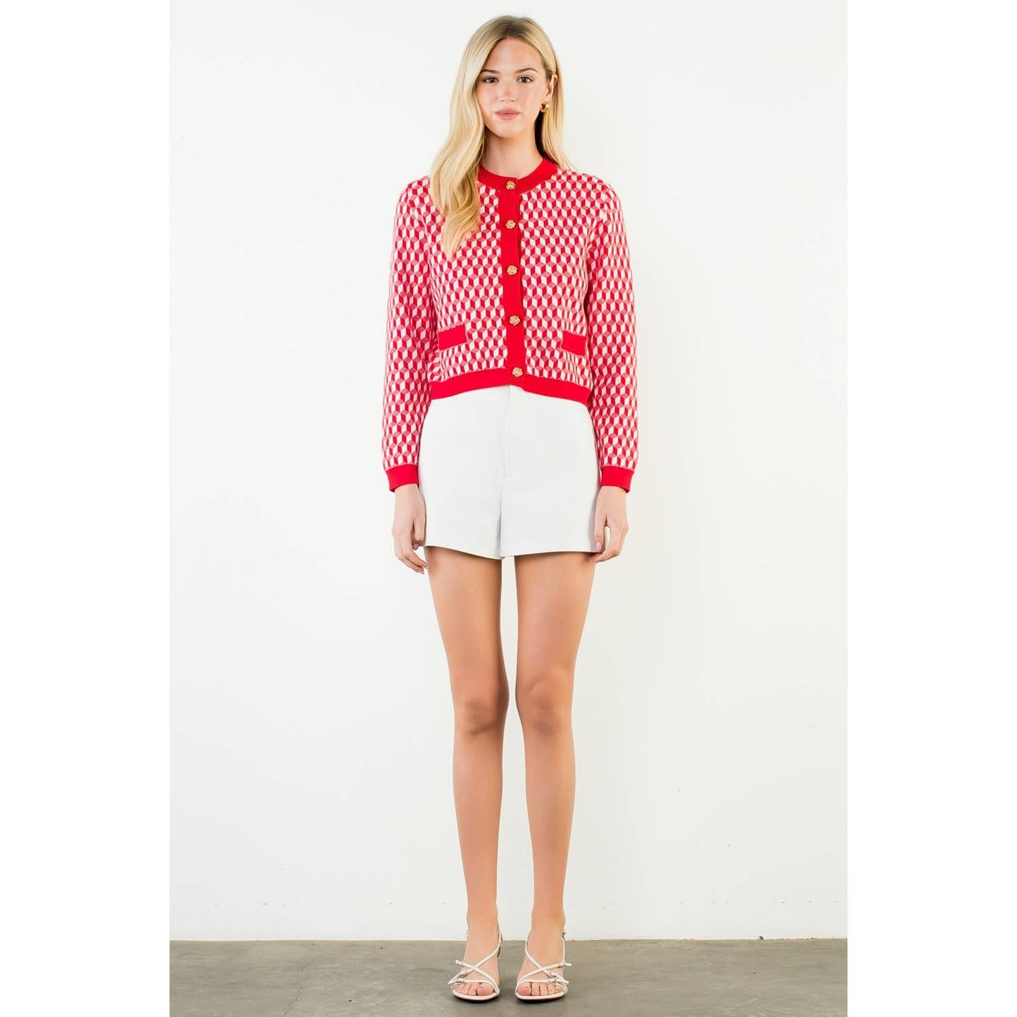 Lipstick Red Long Sleeve Geometric Print Cardigan