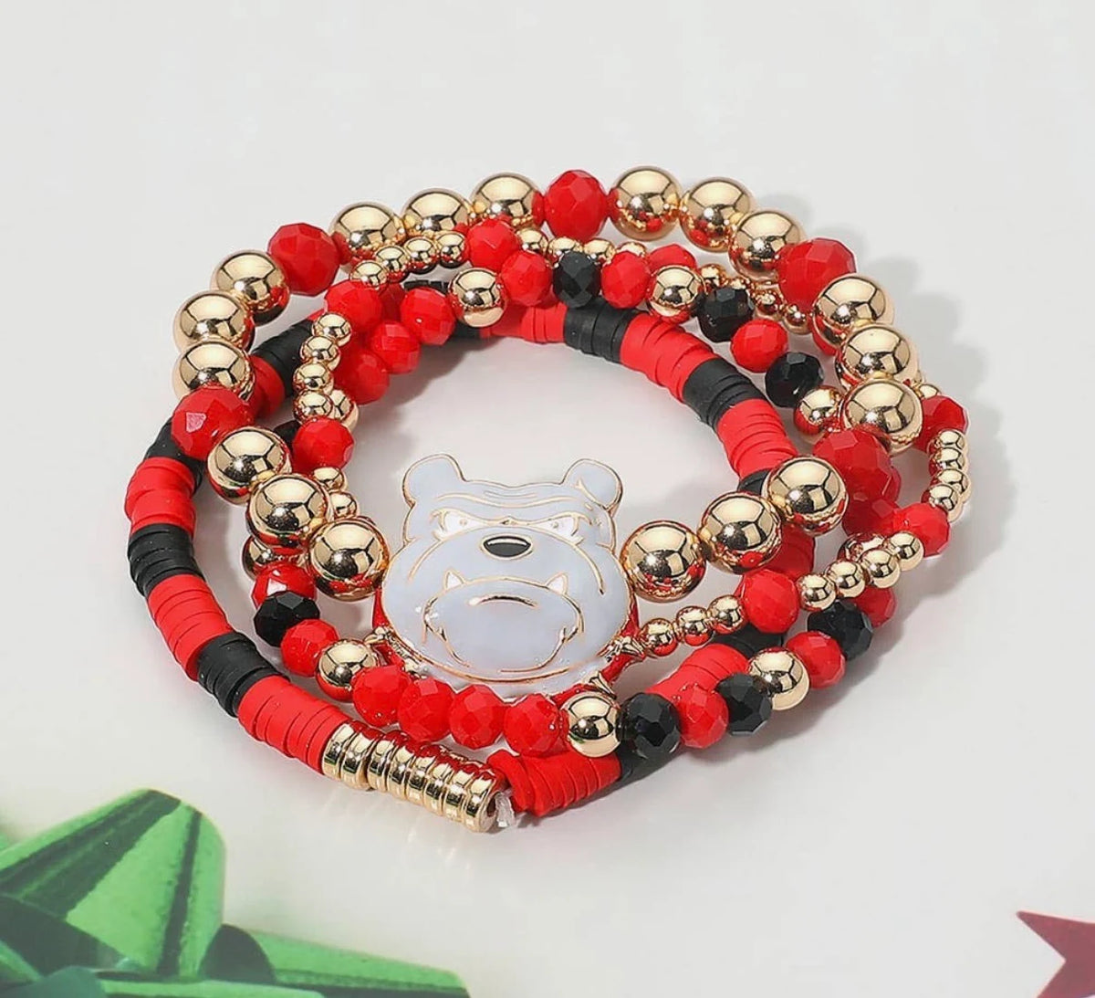 Red & Black Game Day Bulldog Mascot Charm Beaded Stretch Bracelet Set