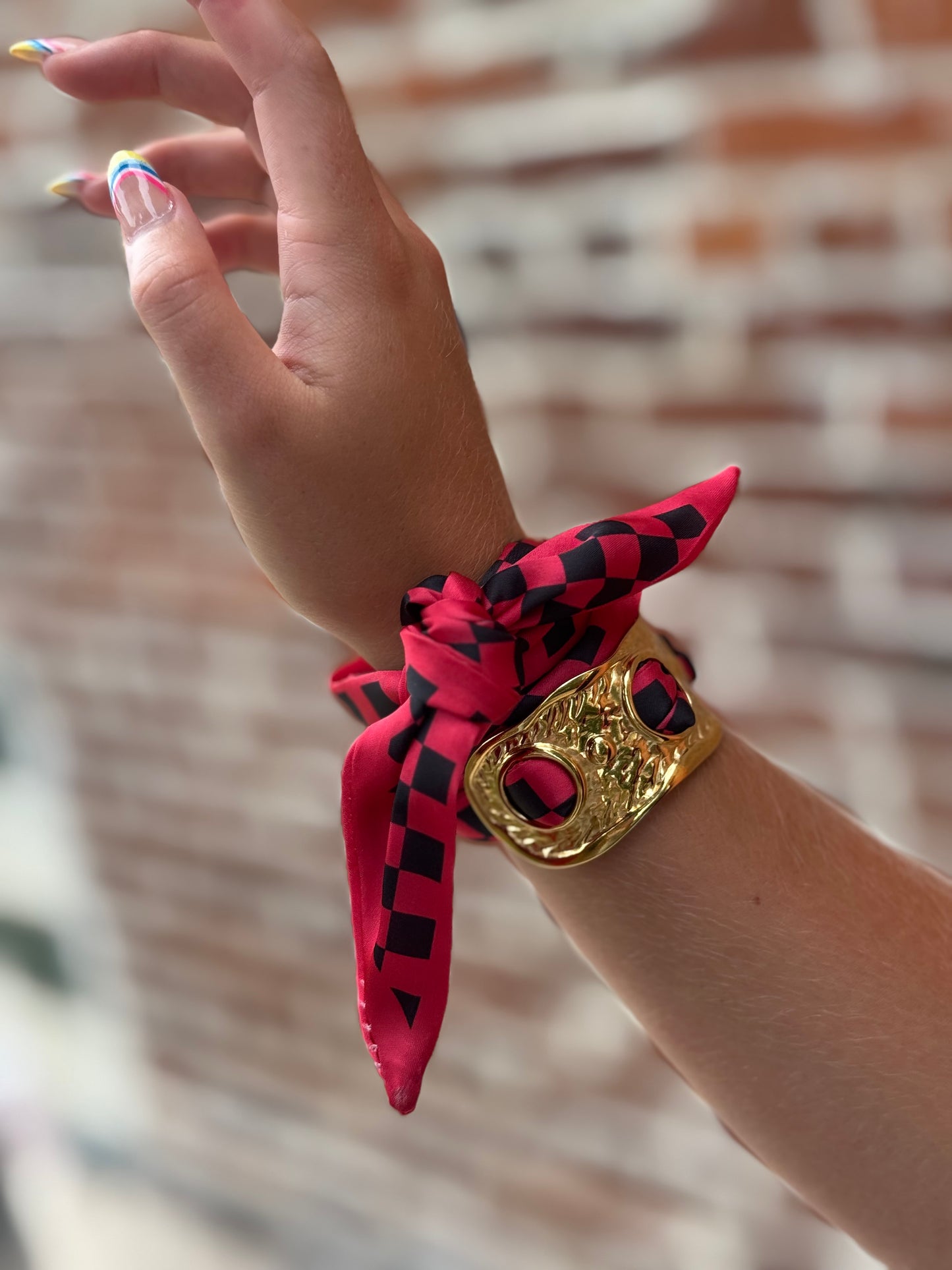 Red & Black Checkered Scarf Cuff Bracelet
