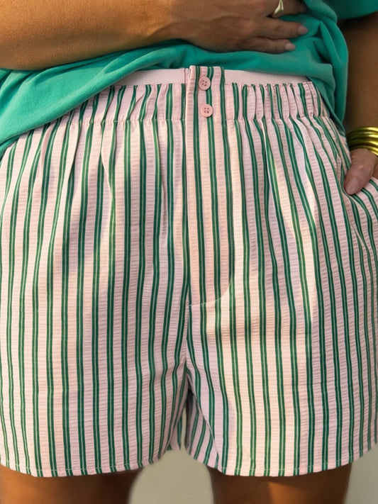 Pink & Green Stripe Boxer Shorts for Women | Elastic Waist Lounge Shorts with Pockets