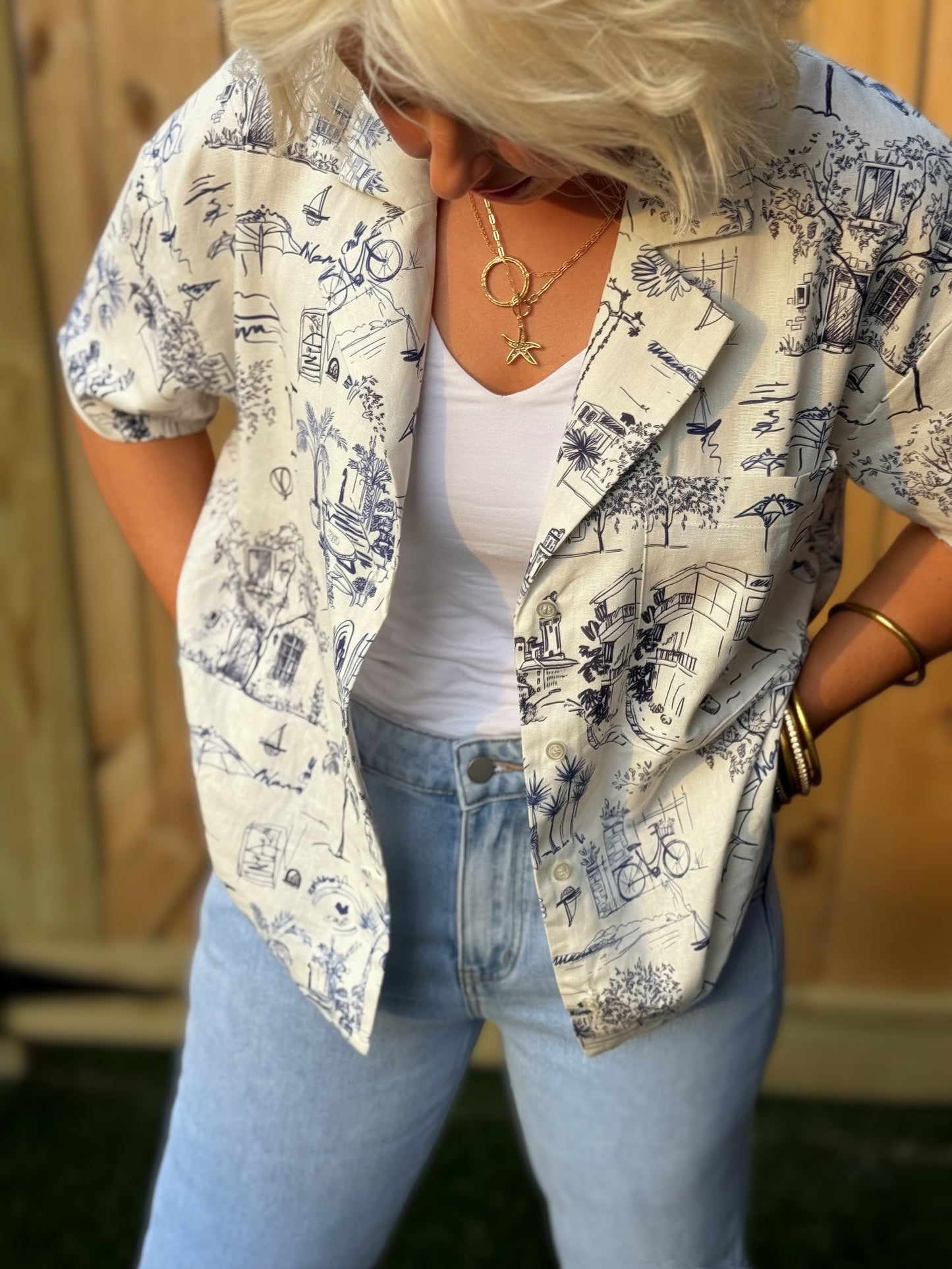 Chemise boutonnée en lin imprimé | Blouse femme fluide à manches courtes | Haut d'été léger | Chemise de vacances coupe décontractée