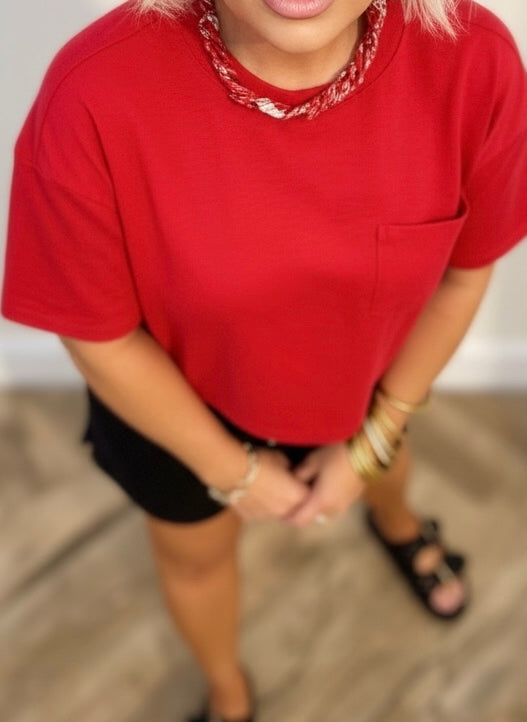 Red Relaxed Crop Tee | Boxy Pocket T-Shirt | Matching Set Top