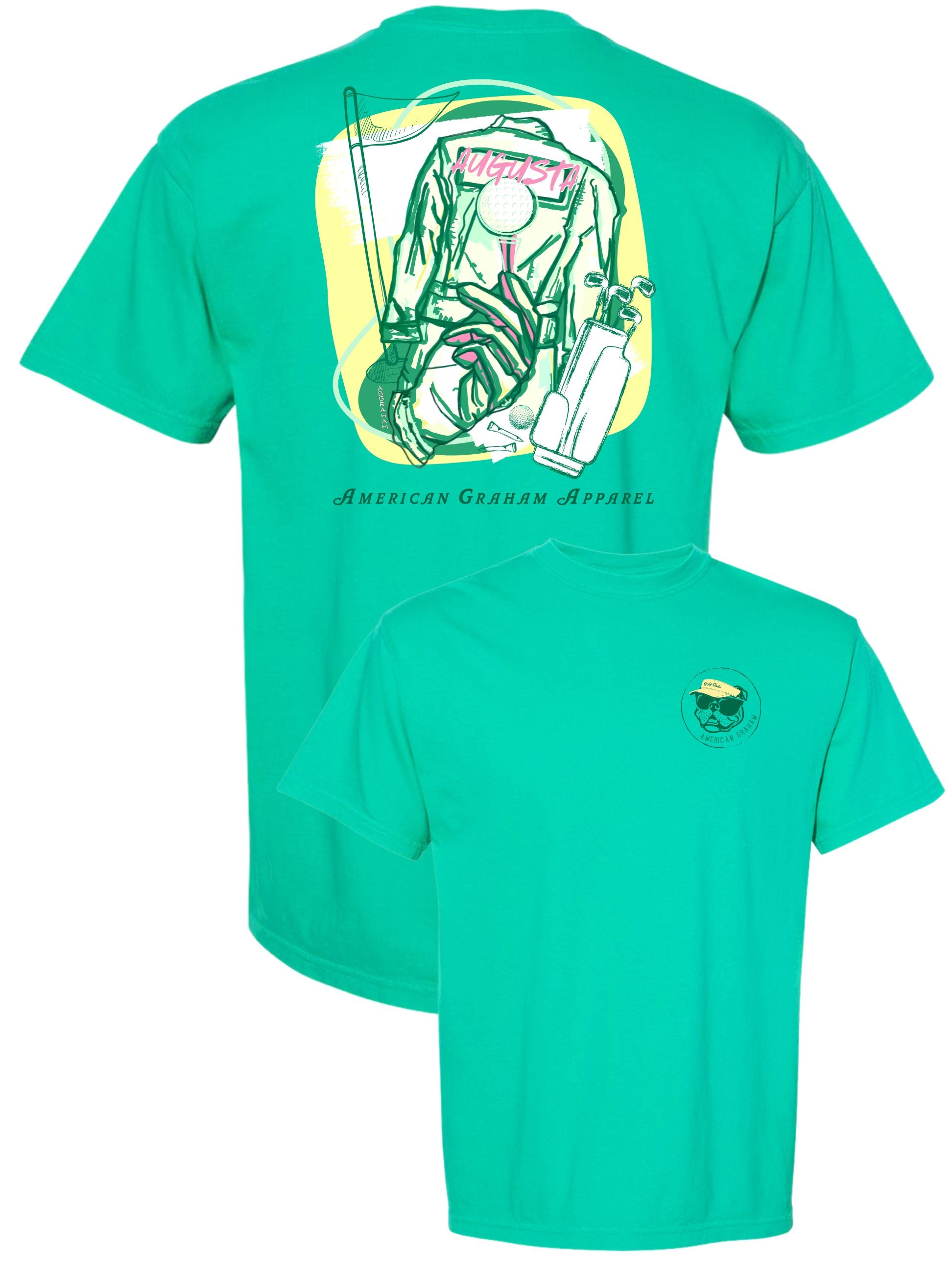 Green t-shirt with graphic design on the back and small logo on the chest against a white background