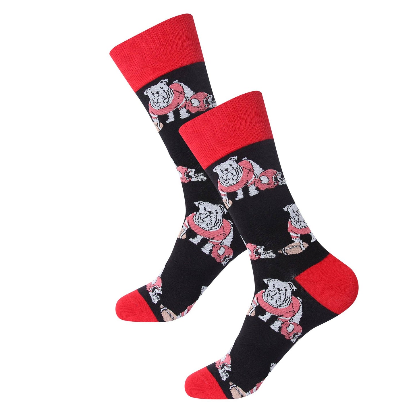 Black crew socks with red cuffs, heels and toes featuring bulldog mascots, football helmets and footballs.