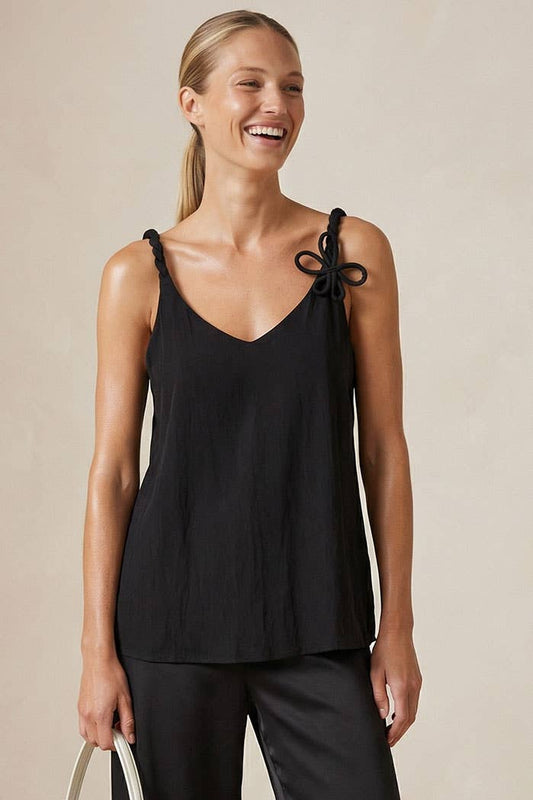 Lightweight Breezy Black Twisted Flower Tank Top