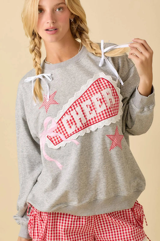 Game Day Cheer Patchwork Long Sleeve Crewneck Top: HEATER GREY / S Main Strip