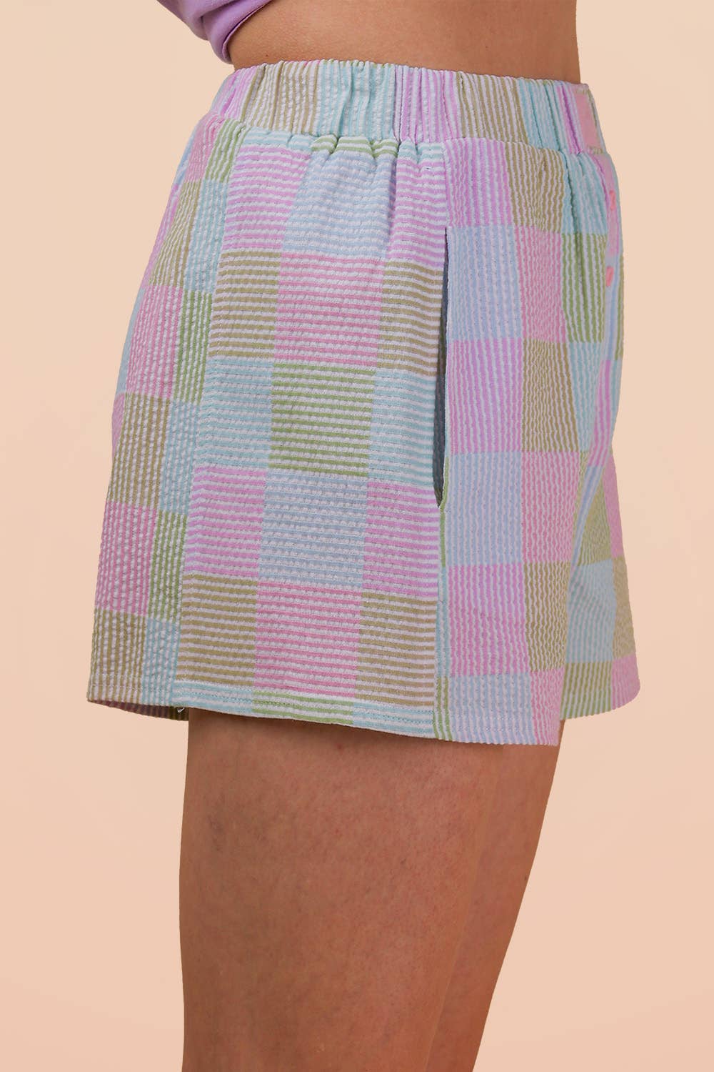 Pink Pastel Plaid Boxer Shorts for Women | Crinkle Cotton Lounge Shorts with Pockets