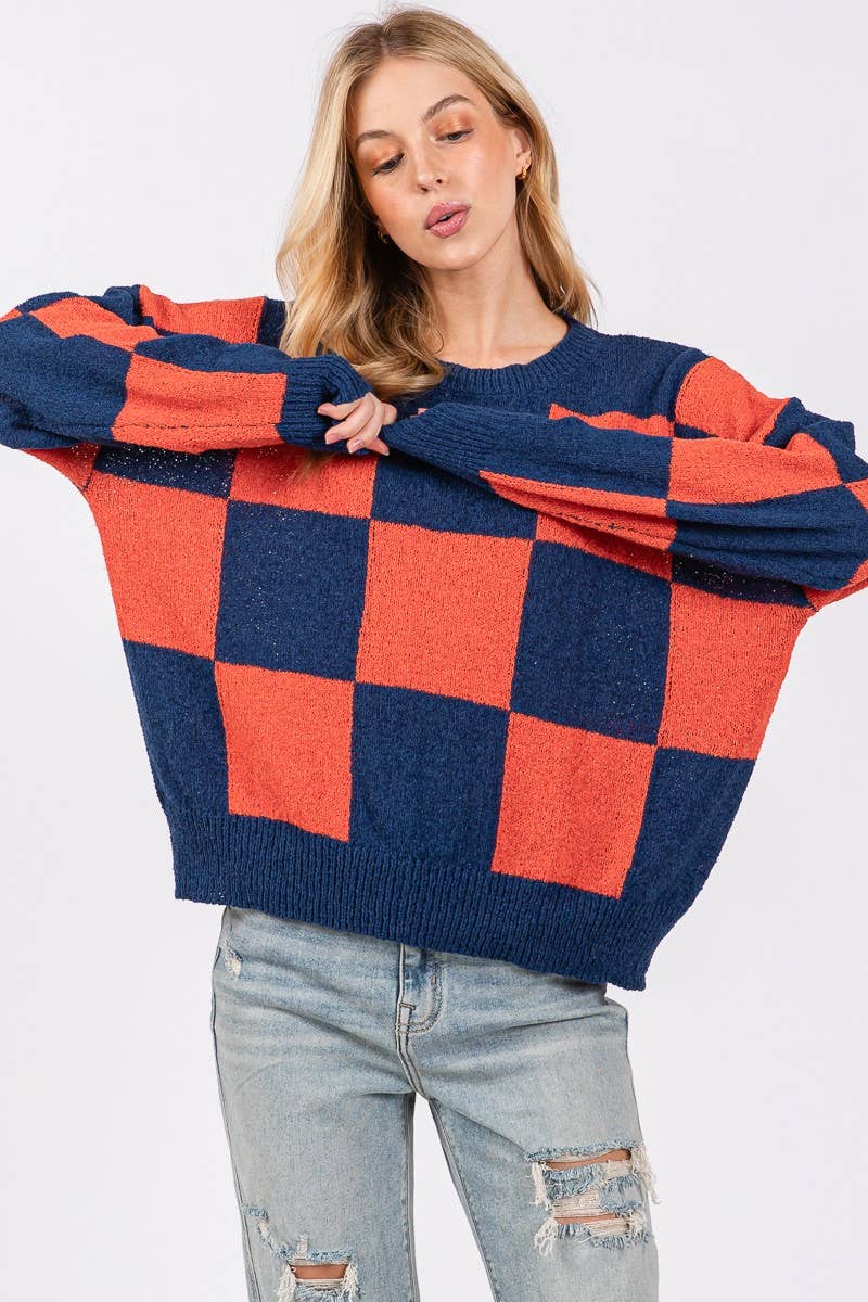 CHECKER SWEATER TOP : PURPLE/YELLOW / L