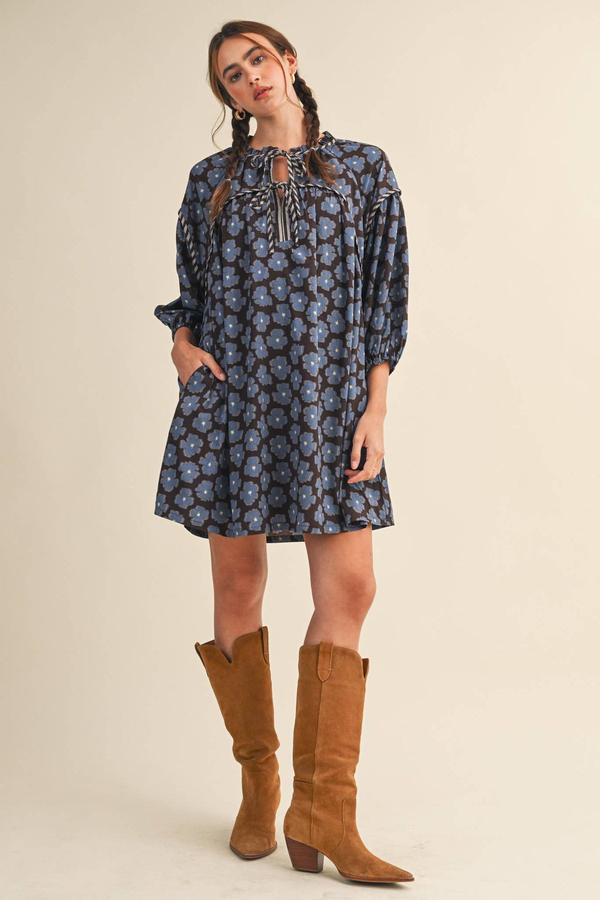 Brown & Blue Floral Tie-Neck Mini Shift Dress