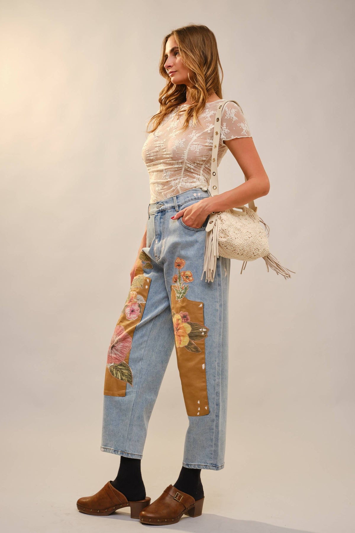 Autumn Floral Patchwork Barrel Leg Jeans – Light Wash