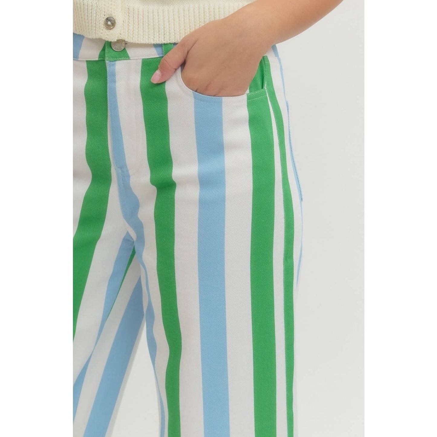 Green & Blue Stripe Straight-Leg Pants | Lightweight Cotton Wide Leg Pants