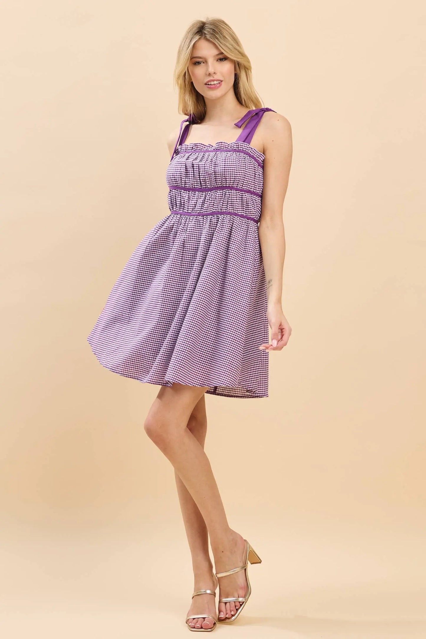 Gameday Cotton plaid print mini dress with binding details : PURPLE / S BABY PINK