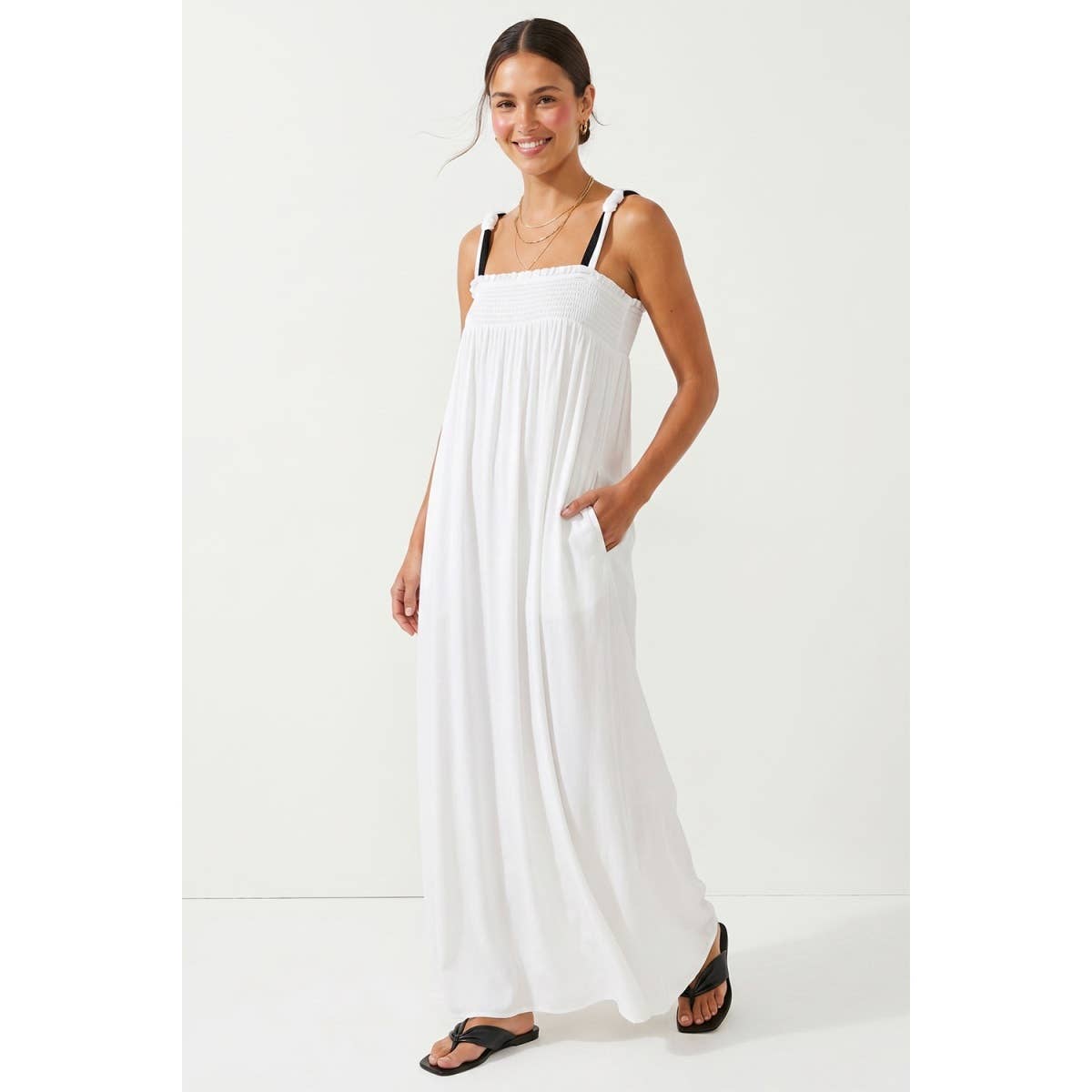 Cord Detail Smocking Maxi Dress: Peridot / L