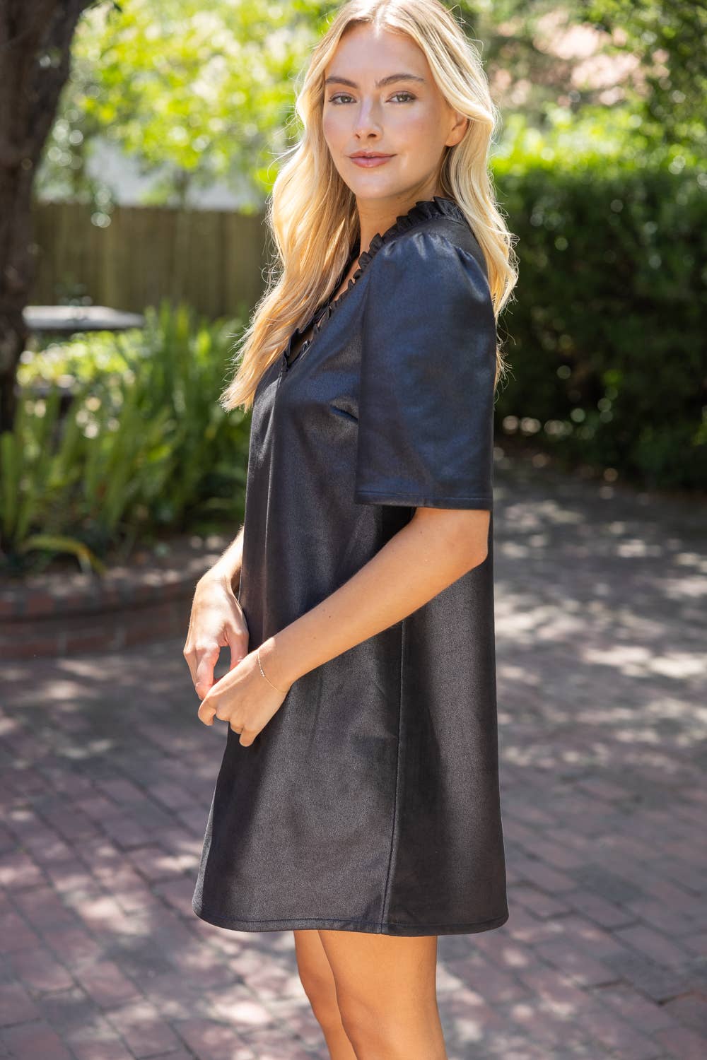 Black Faux Leather Ruffle V-Neck Shift Mini Dress