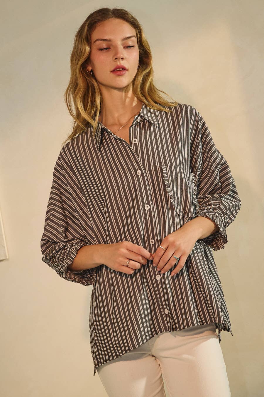 Black Striped Button Down Oversized Blouse