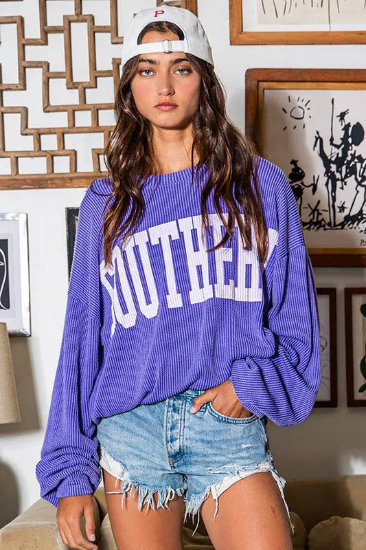 T1770L 'SOUTHERN' Comfy Oversize Graphic Sweatshirt, Gameday: PERIWINKLE / S-M-L (2-2-2) BUCKETLIST
