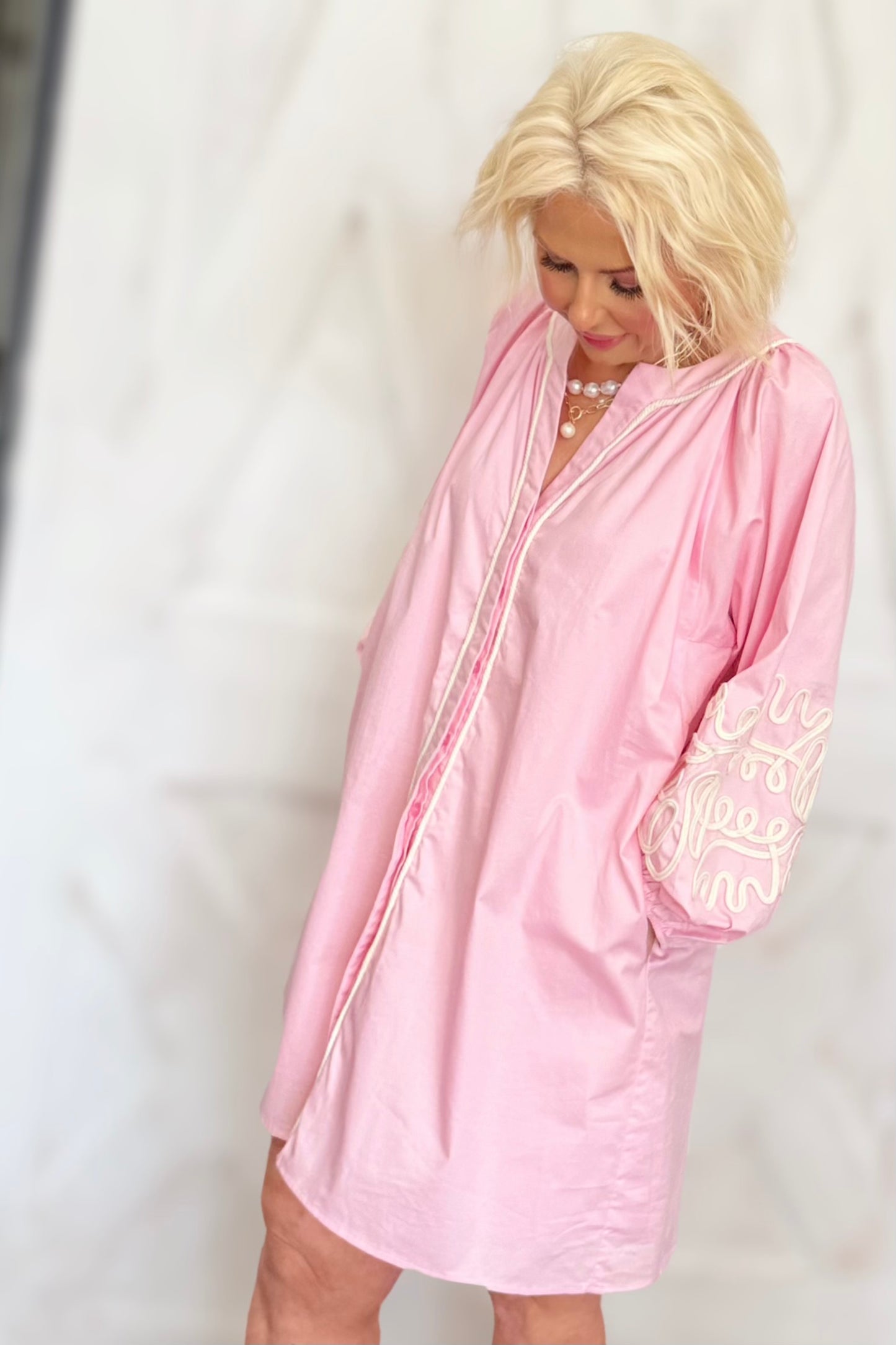 The Sunday Brunch Embroidered Sleeve Baby Doll Button Down Mini Dress
