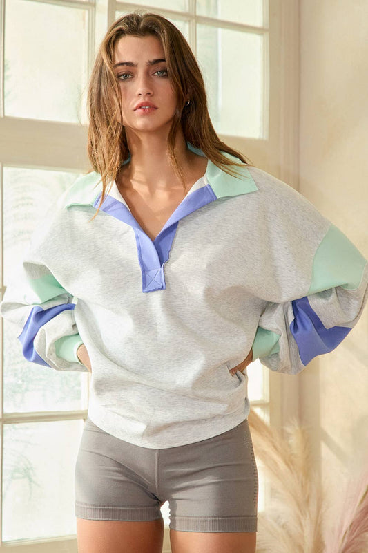 Preppy Little Secret - Mint & Grey Color-Block Collared Neck Oversized Top