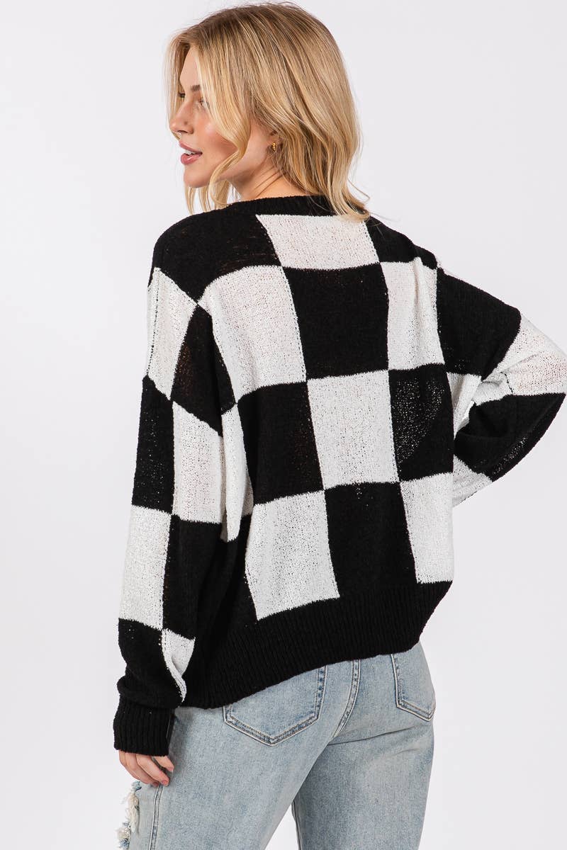 CHECKER SWEATER TOP : PURPLE/YELLOW / L