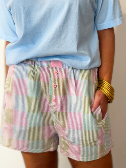 Rosa Pastell Karierte Boxershorts für Damen | Knitter-Baumwoll-Lounge-Shorts mit Taschen