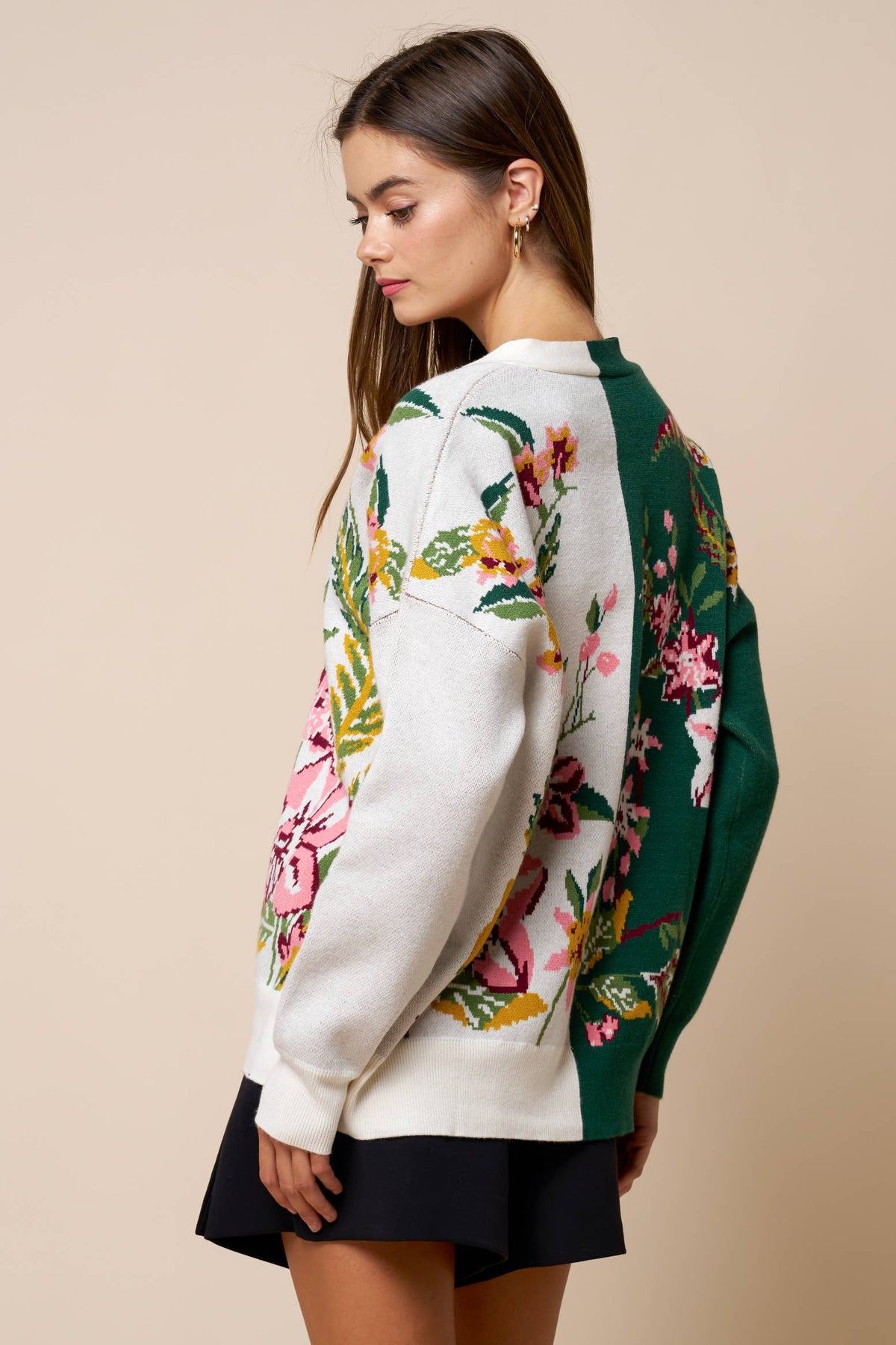Willow Forest Green & White Floral Color Block Cardigan