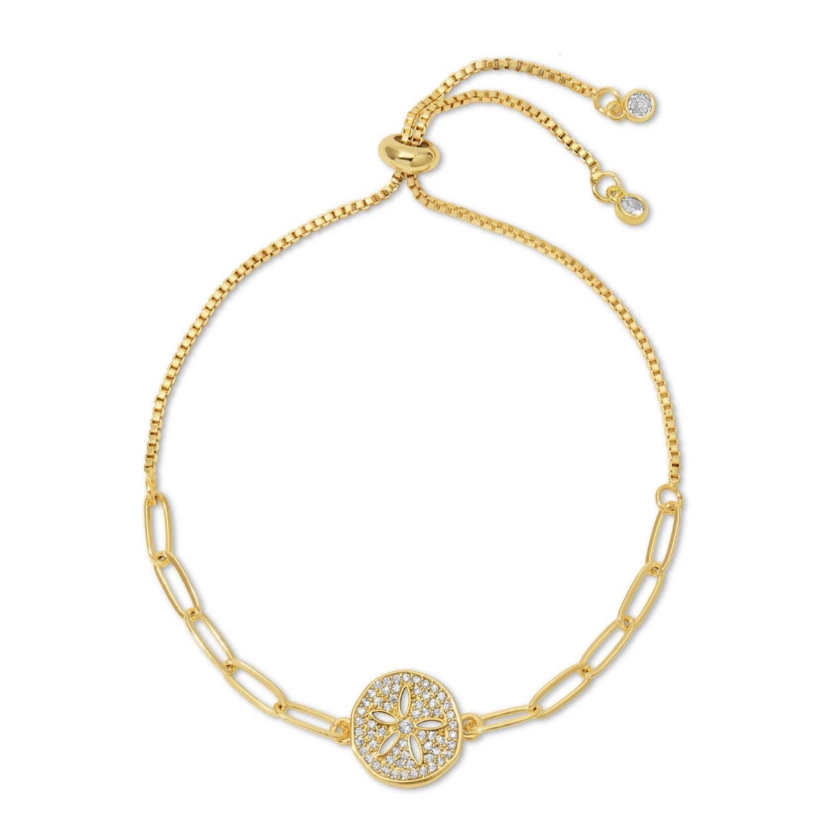 Gold Sand Dollar Bracelet | Adjustable Beach Charm Bracelet | CZ Pave Coastal Jewelry | 18K Gold Plated Slider Bracelet Gift for Her
