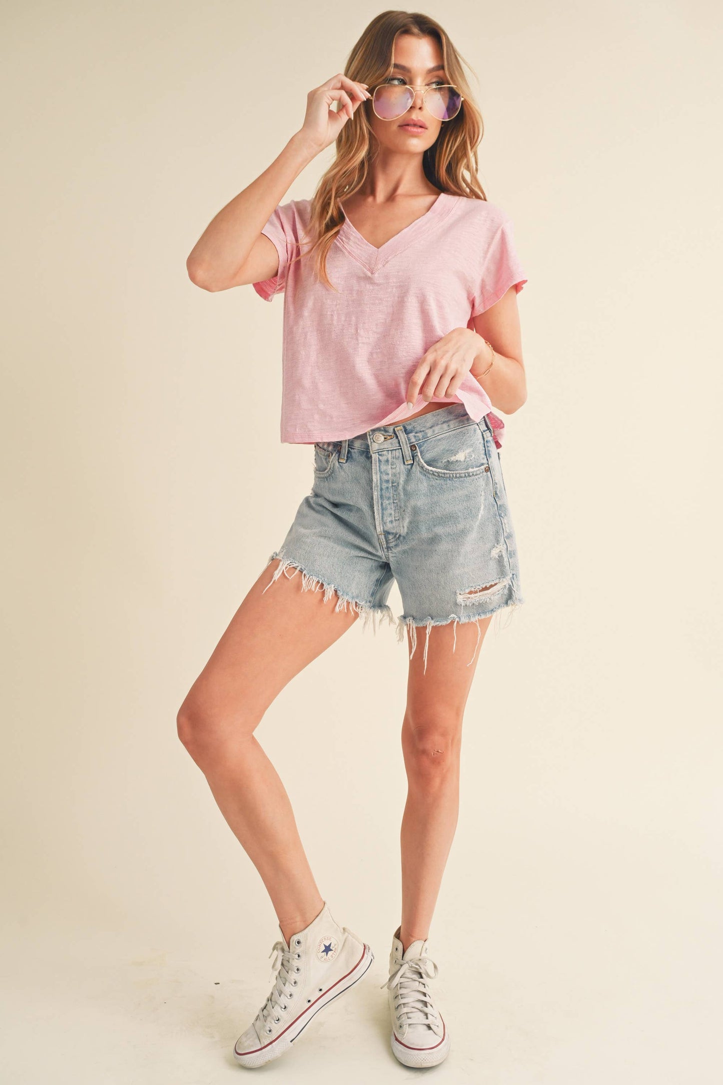 Soft Pink V-Neck Cropped T-Shirt