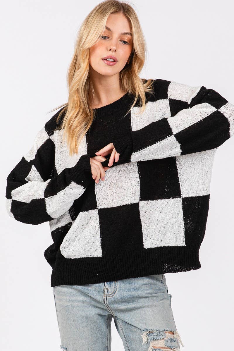CHECKER SWEATER TOP : PURPLE/YELLOW / L