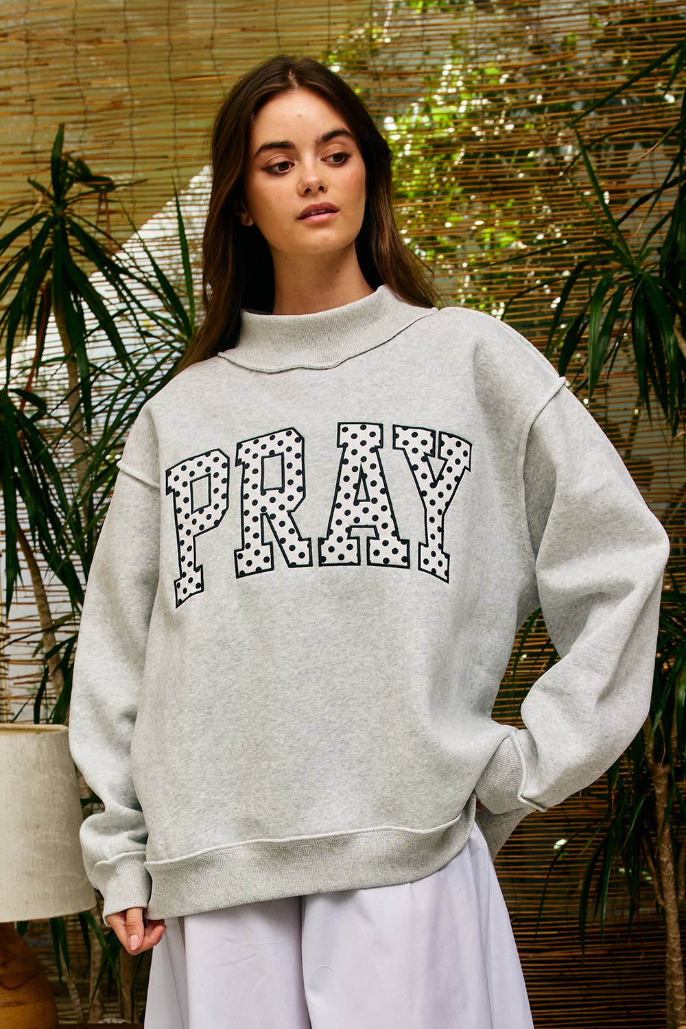 Polka Dot PRAY Appliqué Oversized Mock Neck Sweatshirt