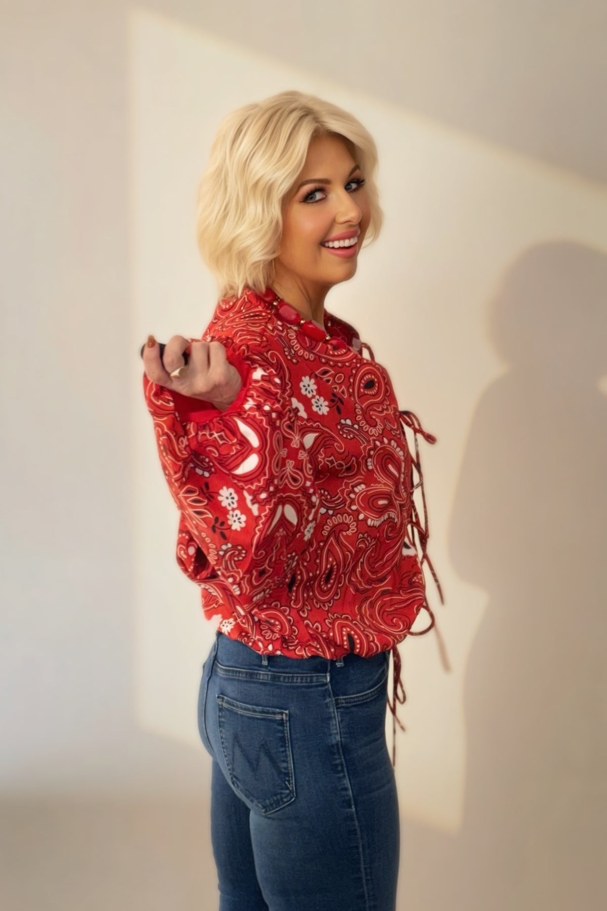 Red Paisley Tie-Front Cropped Jacket