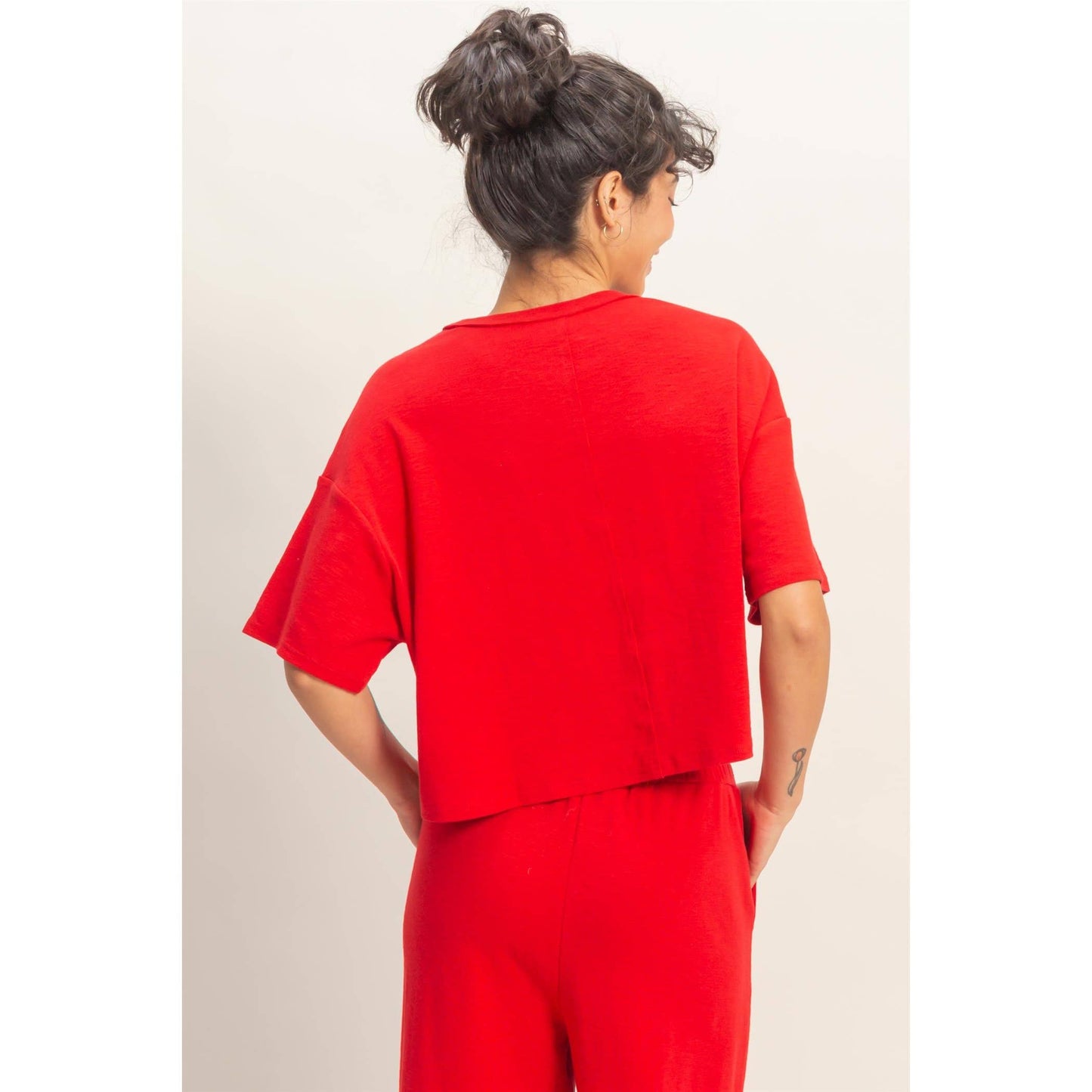 Red Relaxed Crop Tee | Boxy Pocket T-Shirt | Matching Set Top