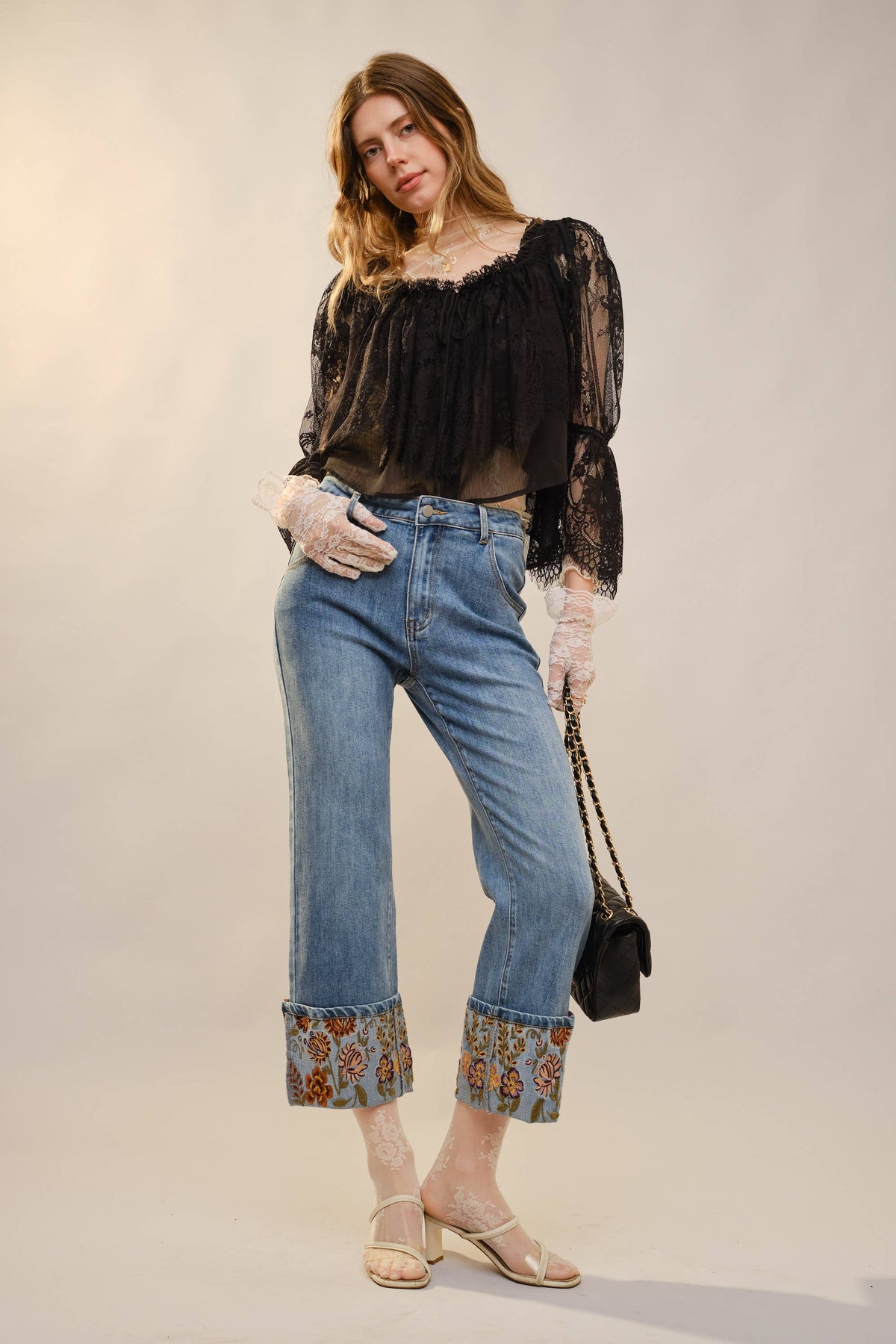 Fall Floral Embroidered Cuffed Jeans – High Rise Cropped Denim