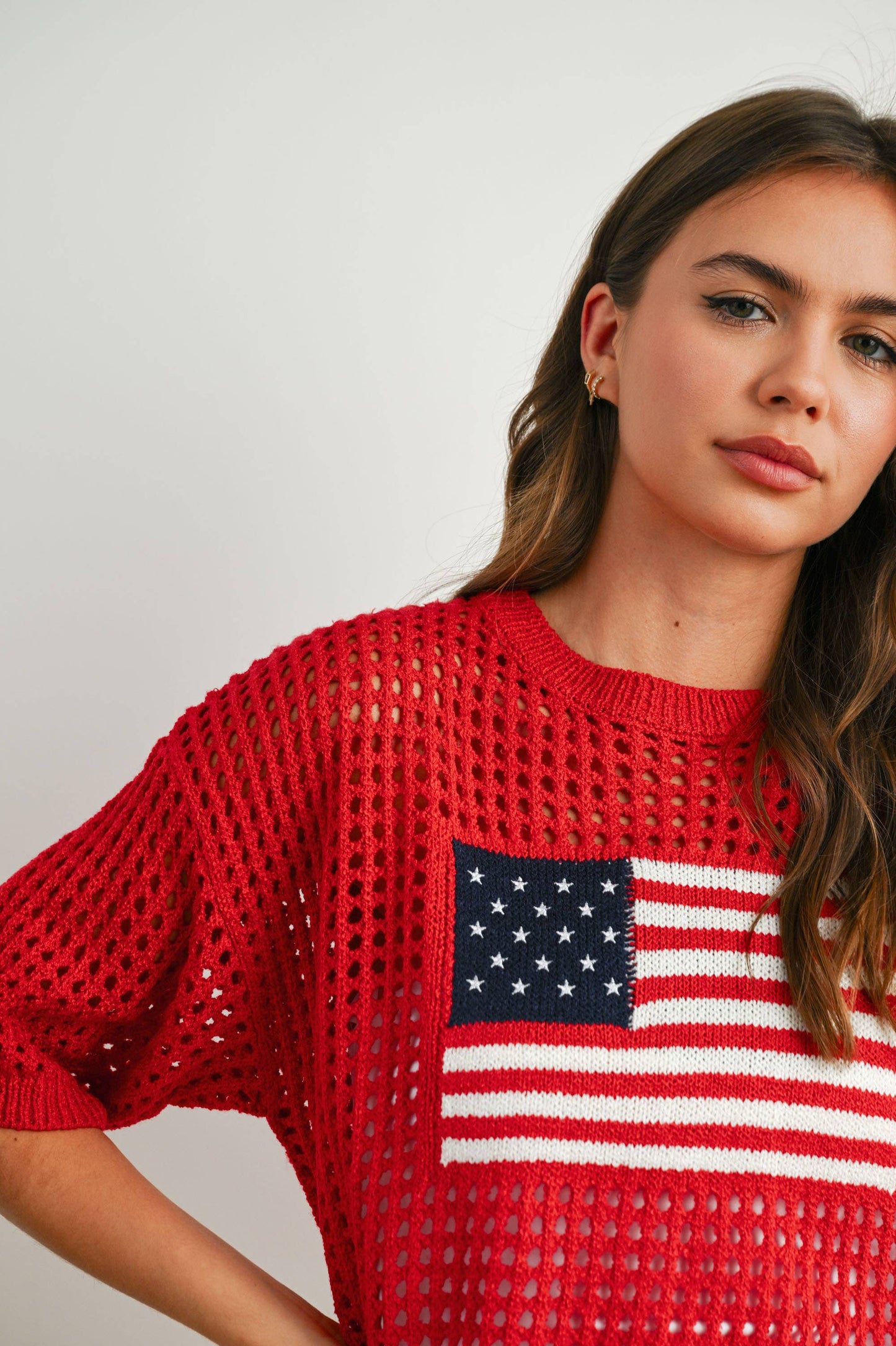 American Flag Open Knit Sweater Top | Lightweight Patriotic Crochet Pullover