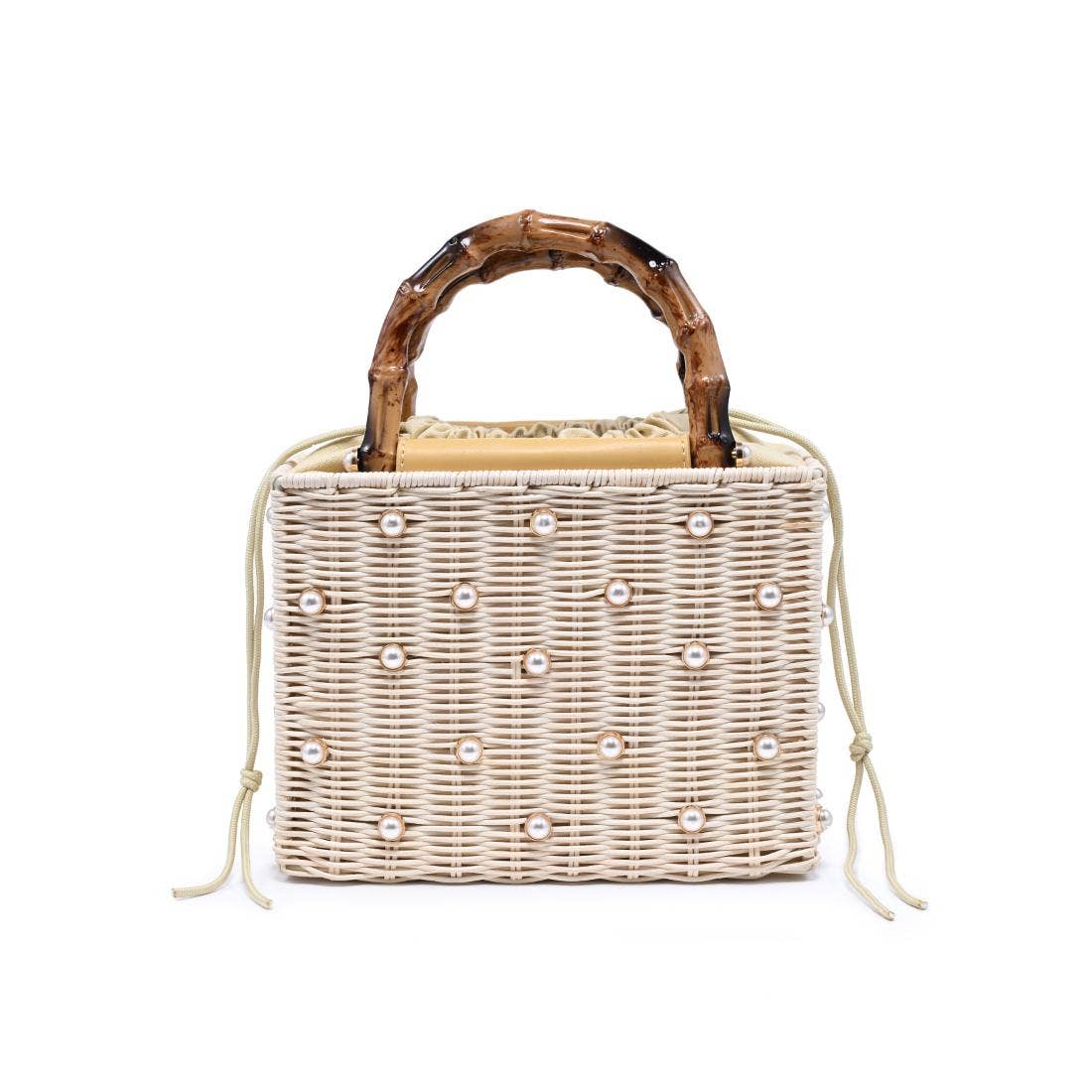 Maxie Pearl-Studded Woven Natural Raffia Clutch Bag