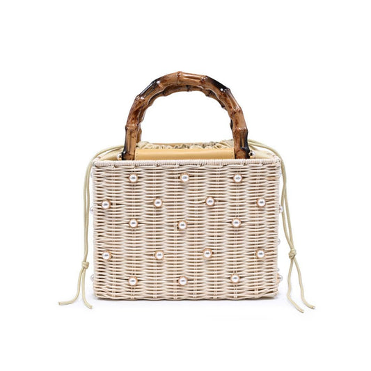 Maxie Pearl-Studded Woven Natural Raffia Clutch Bag